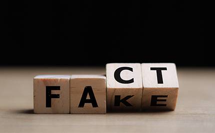 Klossar som tillsammans bildar både ordet FACT och FAKE