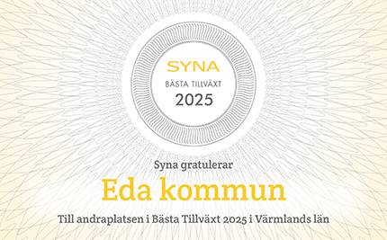 Synas logotyp och text: Bästa tillväxt 2025 Andraplats Eda kommun