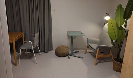 Läshörna med fåtölj, mysljus och stor växt i skolbibliotek