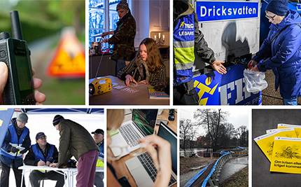 Collage av dricksvattentank, strömavbrott, dator, MSB-broschyrer, översvämning och Rakel-telefon