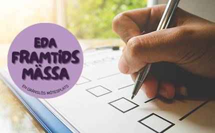 En checklista och lila logotyp med text: Eda Framtidsmässa