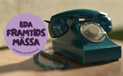 Gammeldags telefon och lila logoytp med text: Eda Framtidsmässa