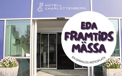 Entré till Hotell Charlottenberg, med vit logotyp med text Eda Framtidsmässa