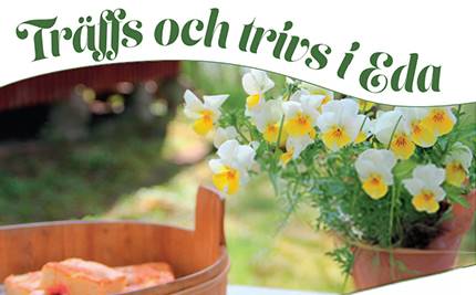 Gula blommor i en kruka med grön text: Träffs och trivs i Eda